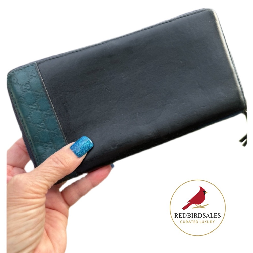 GUCCI Mistral Micro Guccissima zip around wallet. Leather. Black with turquoise - Picture 2 of 12